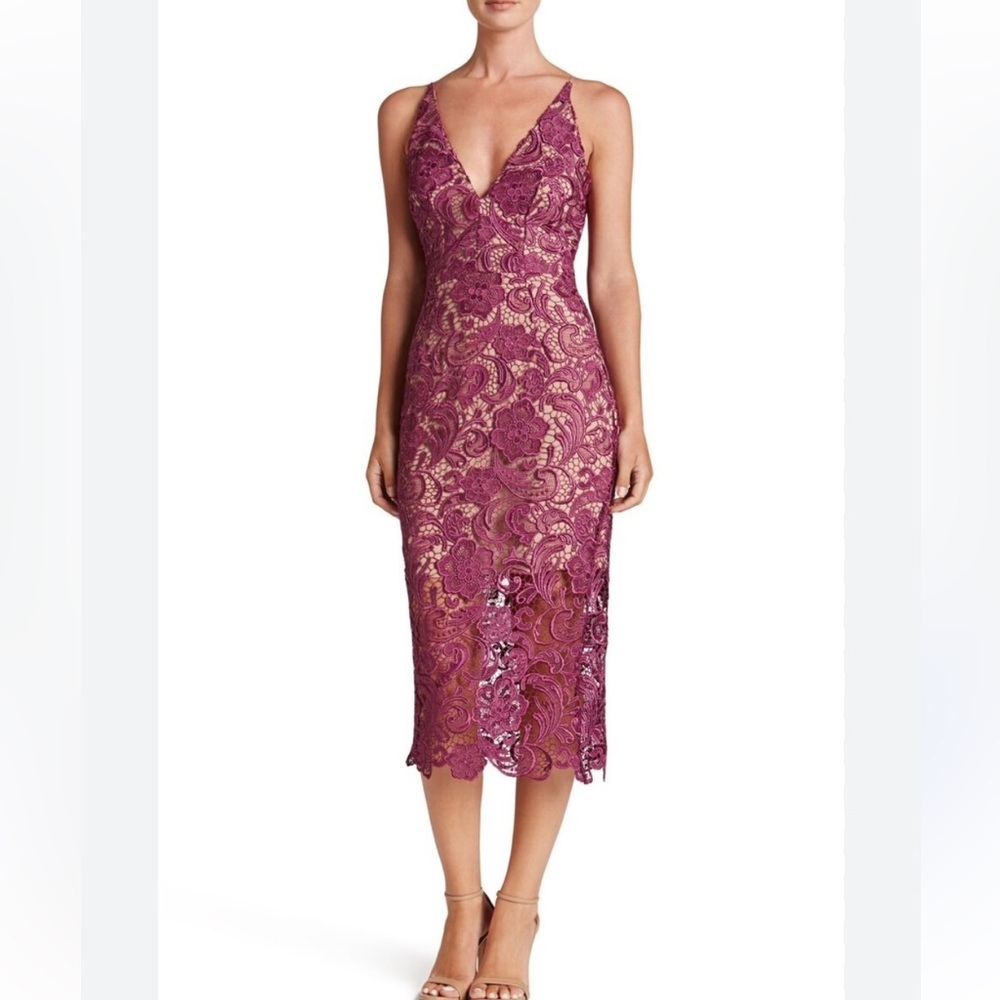 Dress The Population 'MARIE' Lace Midi Mulberry Sheath Dress Size Small